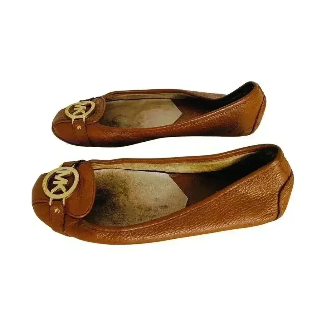 Michael Kors Brown Leather Flats Loafers Gold MK Emblem Women's Size 8.5